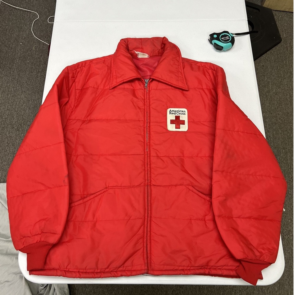 Cap'n Jac Puffer Jacket Mens XL Red American Red Cross Vintage Quilted Zip